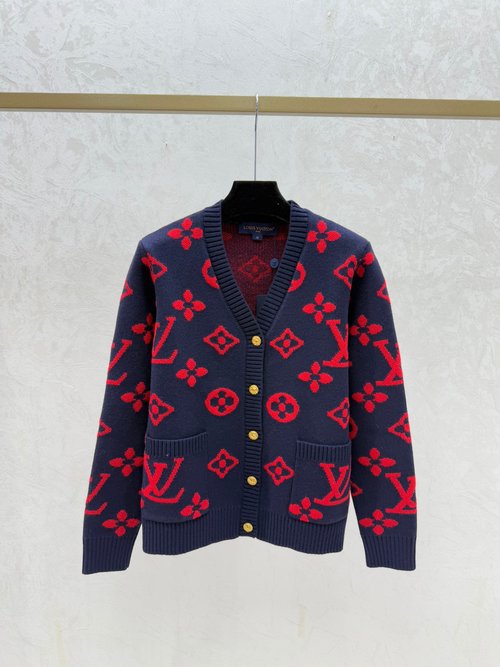 Louis Vuitton Double Pocket Jacquard V Neck Knit Cardigan with Four - leaf Clover Logo