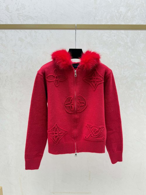 Louis Vuitton Furry-Collar Hooded Knit with 3D Embroidery, Refined Elegance
