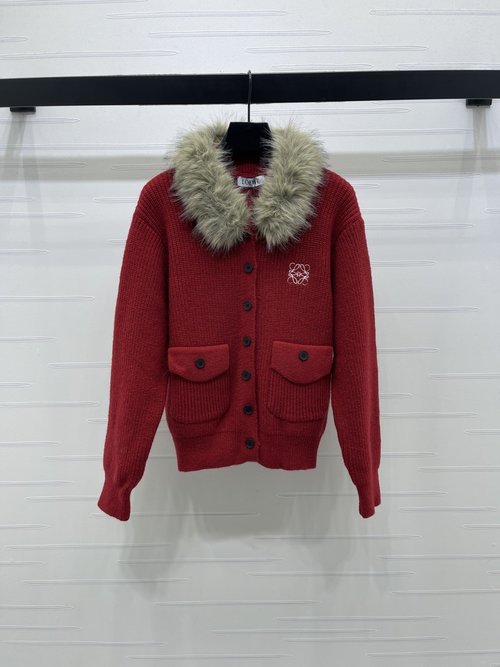 Loewe Fur-Trimmed Detachable Collar Knit Cardigan with Embroidered Logo