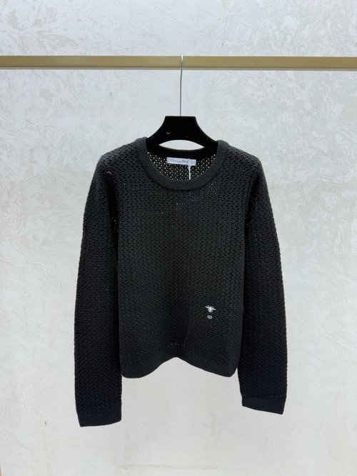 Dior Solid Color Hollowed Round-Neck Long Sleeve Knit in Neutral Tones