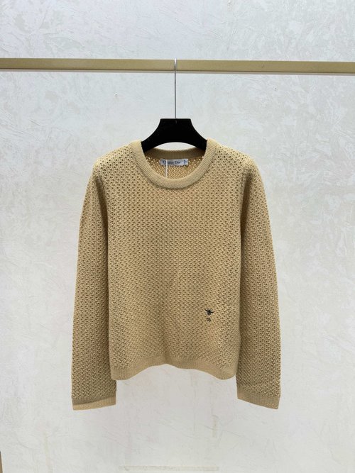 Dior Solid Color Hollowed Round-Neck Long Sleeve Knit in Neutral Tones