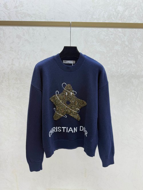 Dior Knitted Long - Sleeve with Colorful Stars and Letters in Red and Royal Blue