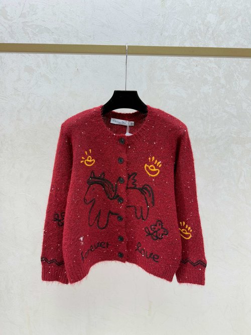 Loewe Elegant Color-Blocked Round-Neck Knit Cardigan with Unicorn Embroidery