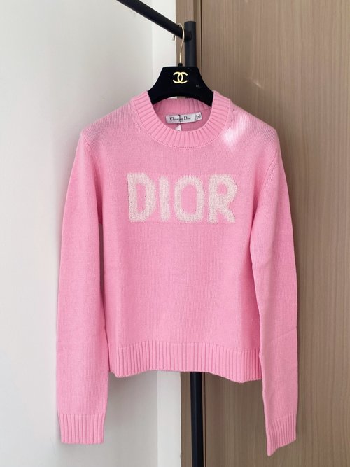 Dior Contrast Color Letter Jacquard Round Neck Knit Long Sleeve in White, Pink and Red