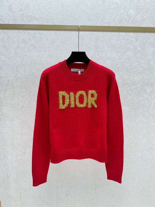 Dior Contrast Color Letter Jacquard Round Neck Knit Long Sleeve in White, Pink and Red