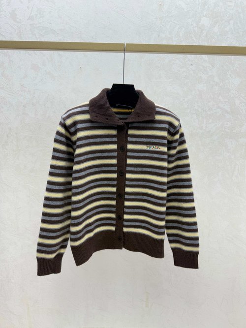 Prada Contrast Stripe High-Neck Knit Long-Sleeve Cardigan in White and Coffee
