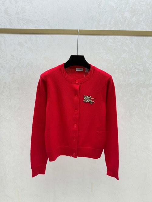 Burberry Solid Color Simple Round - Neck Knitted Long Sleeve Cardigan in Apricot and Red