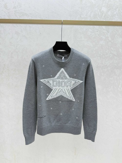 Dior Classic Knitted Long Sleeve with Color - Blocked Stars and Letters in White, Gray, Red and Black