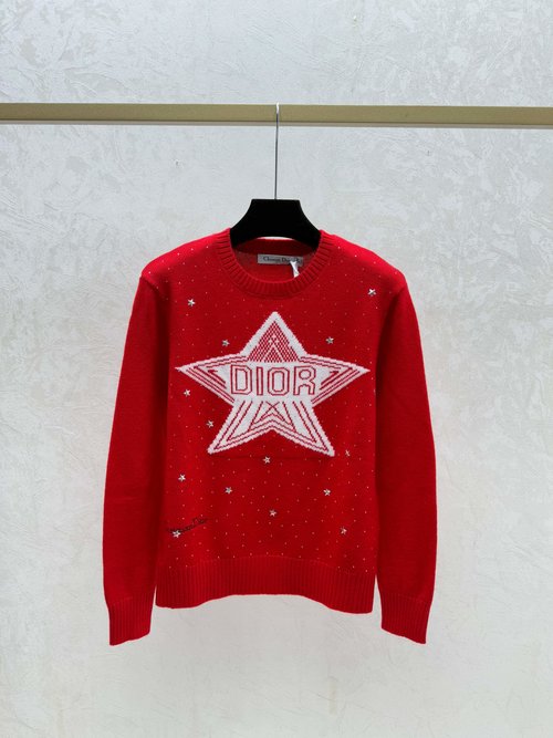 Dior Classic Knitted Long Sleeve with Color - Blocked Stars and Letters in White, Gray, Red and Black