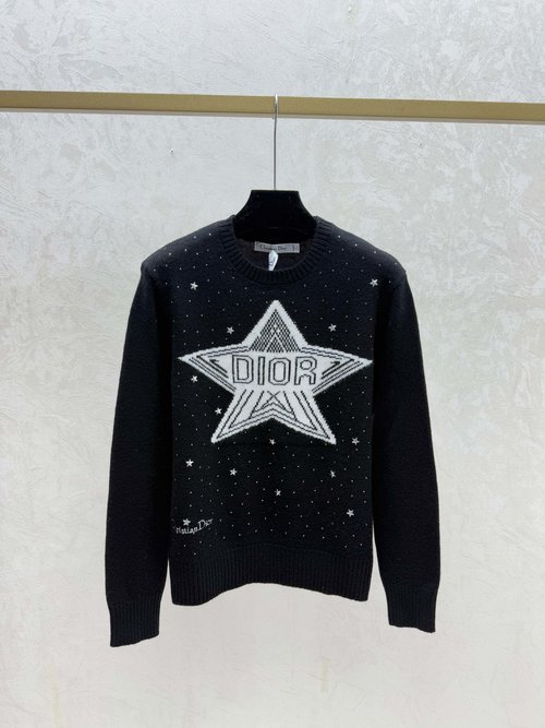 Dior New Knitted Long Sleeve with Color-Blocked Stars and Letters in White, Gray, Red and Black
