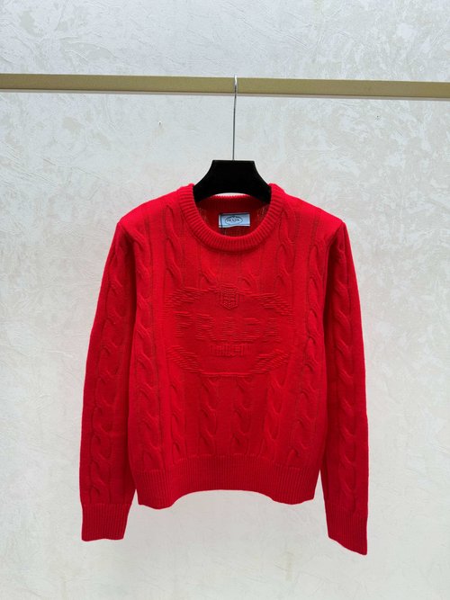 Prada Early Fall New: Solid Color Letter Jacquard Round-Neck Long-Sleeved Top