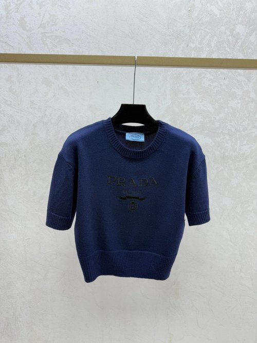 Prada Color-Blocked Letter Round-Neck Short-Sleeve Knit Top in Gray and Royal Blue