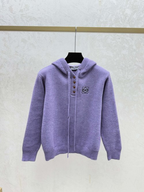 Loewe Solid Color Hooded Knitted Long Sleeve in Gray and Purple