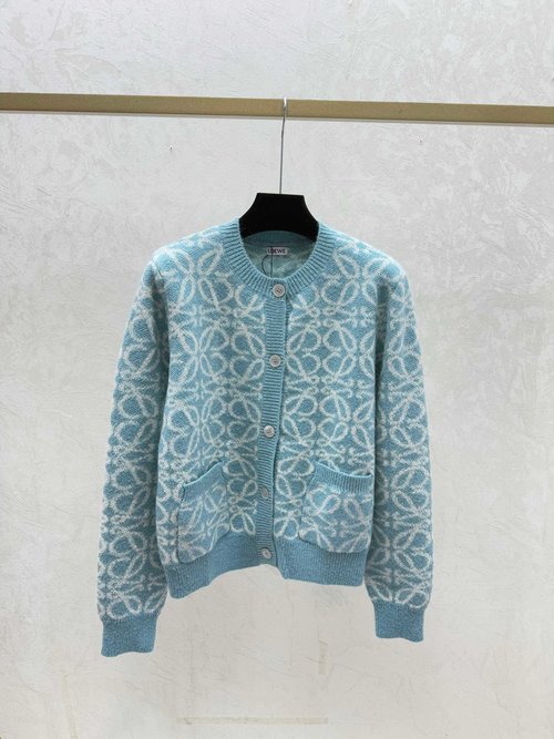 Loewe Contrast Color Floral Letter Round Neck Long-Sleeve Knit Cardigan in Pink and Green