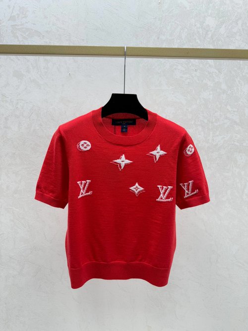 Louis Vuitton Knitted Short Sleeve with Contrast Floral Letters in Grey, Red & Blue