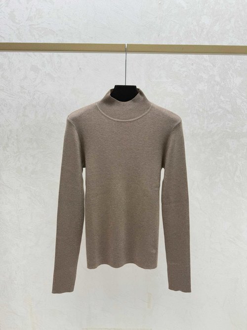 Dior Solid Color Knitted High-Neck Long Sleeve in White and Coffee