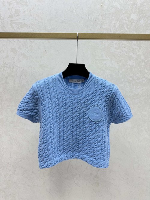 Dior Solid-Color Simple Round-Neck Knit Short-Sleeved Top in Pink and Blue