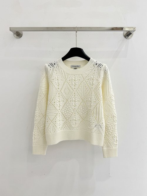 Dior Lattice Hollow Long-Sleeve Wool Pullover Knit Sweater