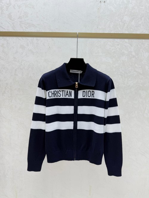 Dior Contrasting Color Striped Letter Turned Collar Knit Long-Sleeve Cardigan in Red and Sapphire Blue