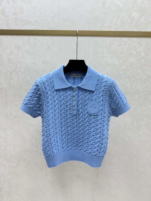 Dior Single-Color Collared Simple Short-Sleeve Knitted Top