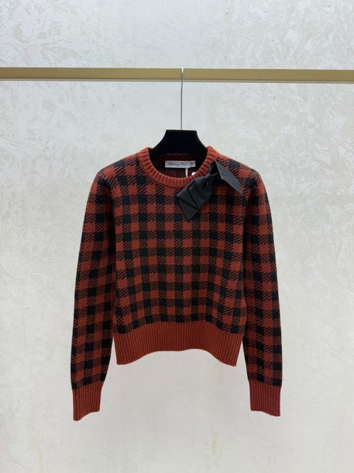 Dior Color-Blocked Bow Checkered Round-Neck Knit Embroidery