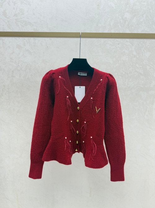 Valentino Beaded Feather Ruffled V-Neck Long Sleeve Knitted Cardigan in Multiple Colors