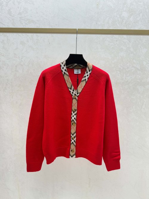 Burberry Color-Blocked V-Neck Simple Knit Long-Sleeve Cardigan in Black, Khaki and Red