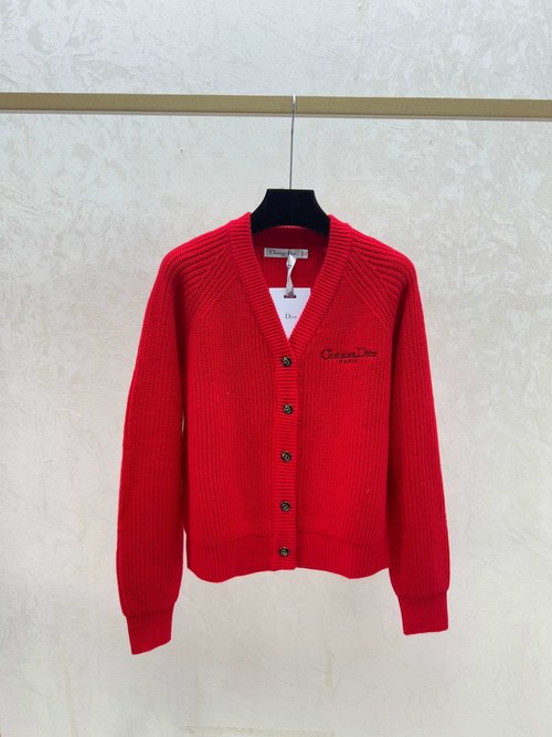 Dior Color-Blocked Back Star and Letter V-Neck Knit Long-Sleeve Cardigan in White, Red and Black