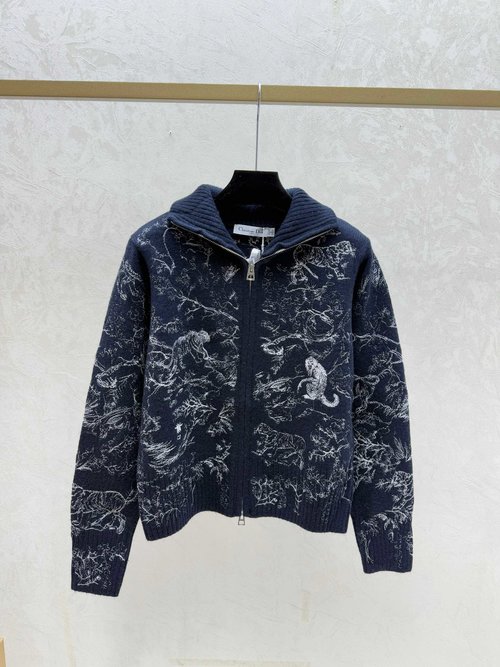 Dior Color-Blocked Jungle Tiger Embroidery Turn-Down Collar Knit Long-Sleeve Cardigan in White and Royal Blue