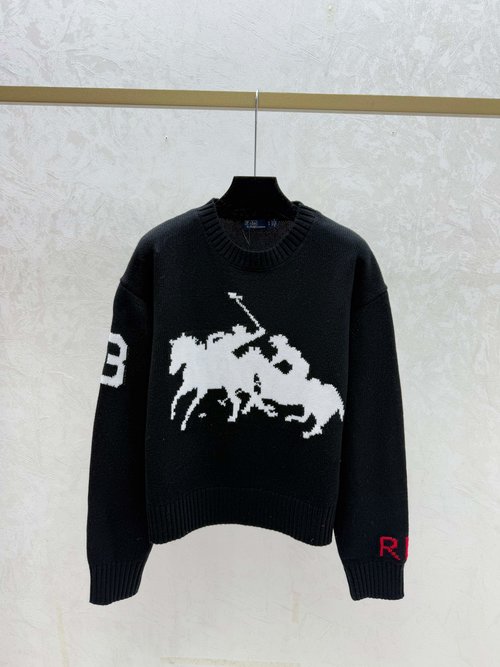 Polo Ralph Lauren Contrasting Warhorse Jacquard Round-Neck Long-Sleeve Knit in Red and Black