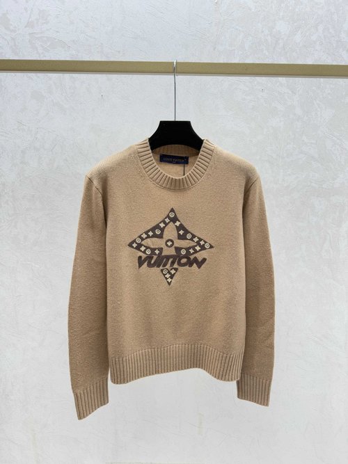 Louis Vuitton Contrasting Letter Round-Neck Knit Long-Sleeve in Khaki and Navy Blue