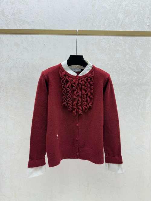 Dior Contrast Lace Crew Neck Knit Cardigan in Neutral Tones