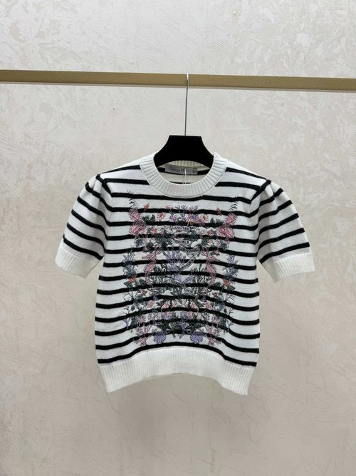 Dior Yellow and Black Contrasting Color Stripe Embroidery Round Neck Knitted Short Sleeve