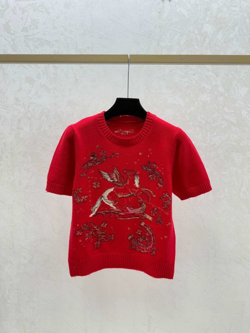 Dior White and Red Contrast Color Pony Embroidery Round Neck Knitted Short Sleeve