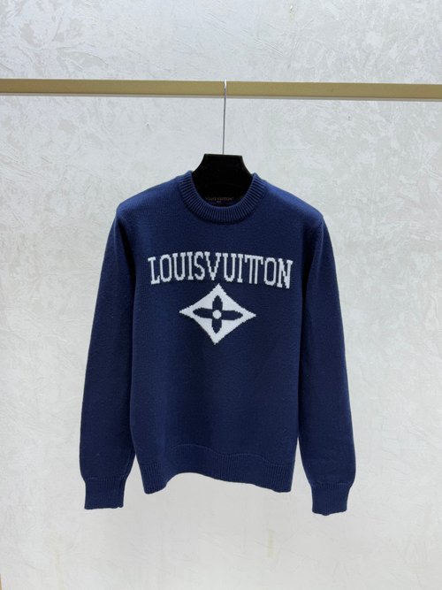 Louis Vuitton Contrasting Letter Jacquard Round Neck Knit Long Sleeve in Red and Royal Blue
