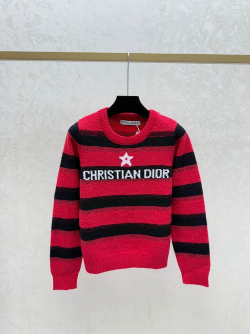 Dior Contrasting Color Striped Star Round Neck Knit Long Sleeve in White, Red and Black