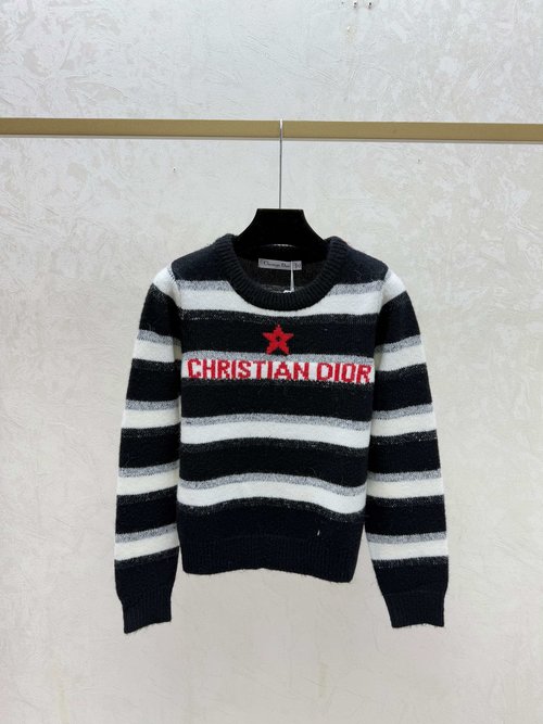 Dior Contrasting Color Striped Star Round Neck Knit Long Sleeve in White, Red and Black