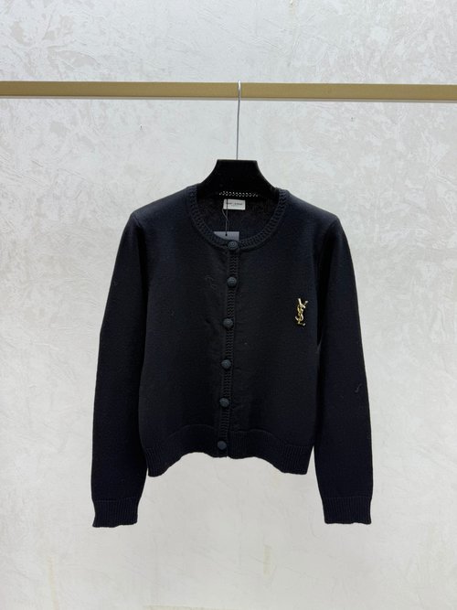 Yves Saint Laurent Solid Red and Black Color Simple Round Neck Knit Long Sleeve Cardigan