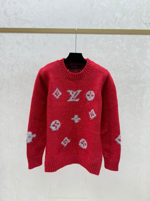 Louis Vuitton Contrasting White and Red Floral Letter Round Neck Knit Long Sleeve