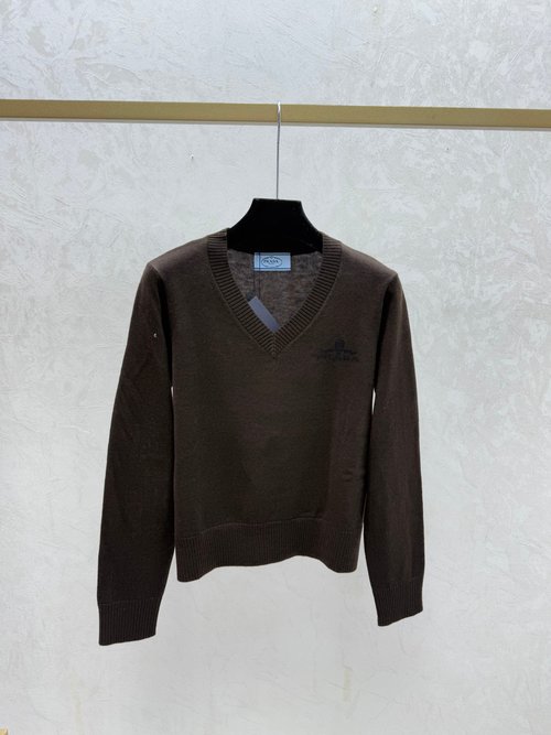 Prada Contrasting-Color Letter V-Neck Knit Long-Sleeve in Gray and Coffee