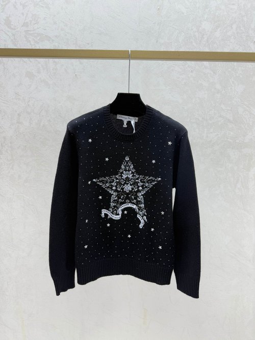 Dior Contrasting Color Star Embroidery Round Neck Knit Long Sleeve in White, Red, Black