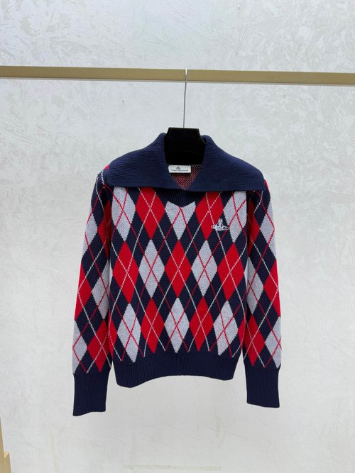 Louis Vuitton Color-Blocked Checked Collared Knitted Long-Sleeve in Gray and Royal Blue