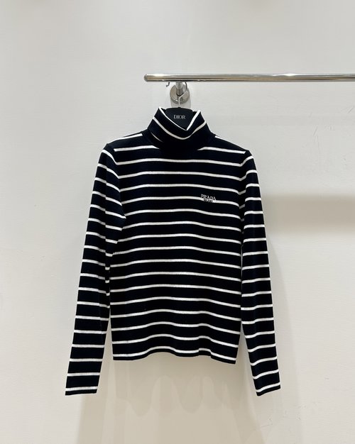 Prada High - Neck Striped Long - Sleeve Undershirt, Wool for Warmth