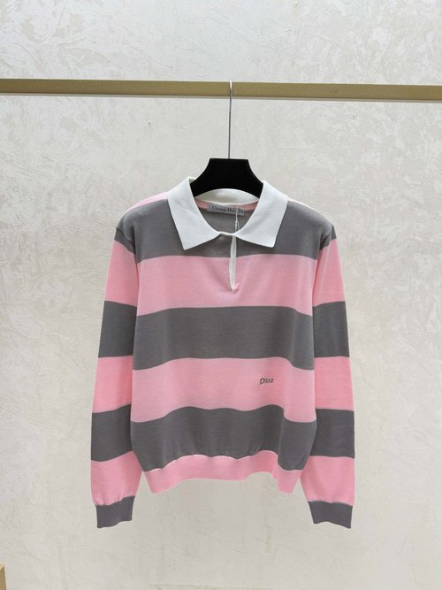 Dior Contrast Color Striped Collared Knitted Long-Sleeve Top in Pink and Blue