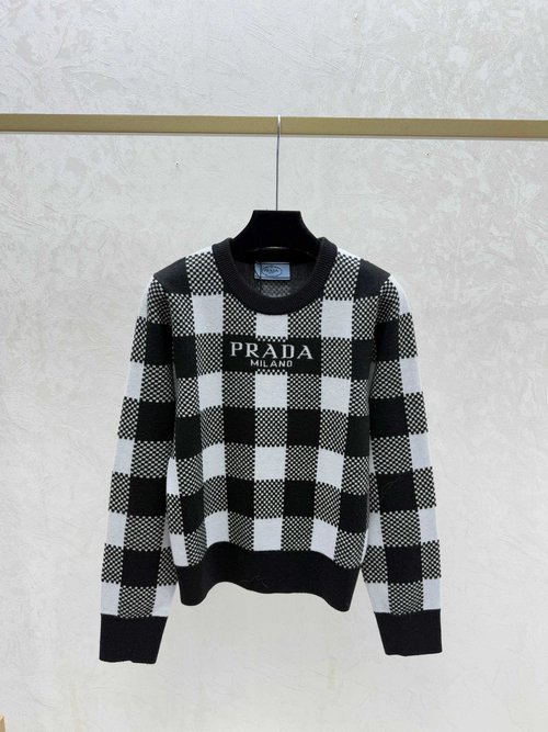 Prada Color-blocked Letter Grid Striped Round-neck Knitted Long-sleeved Top in White, Red and Black