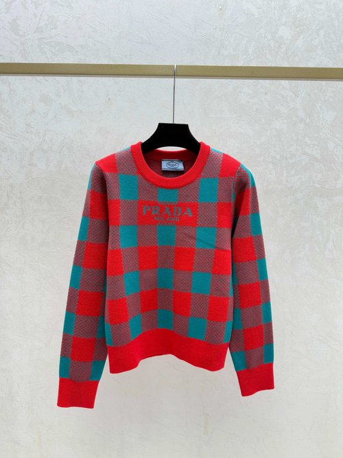 Prada Color-blocked Letter Grid Striped Round-neck Knitted Long-sleeved Top in White, Red and Black