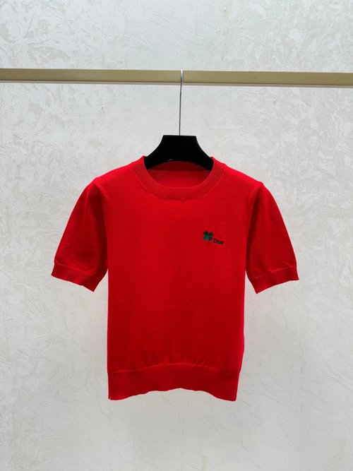Dior Solid-color Simple Round-neck Short-sleeved Knitted Top in White and Red