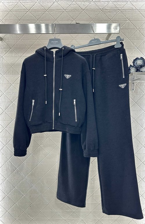 Prada Custom Hooded Jacket and Wide - Leg Pants Set with Brand Emblem