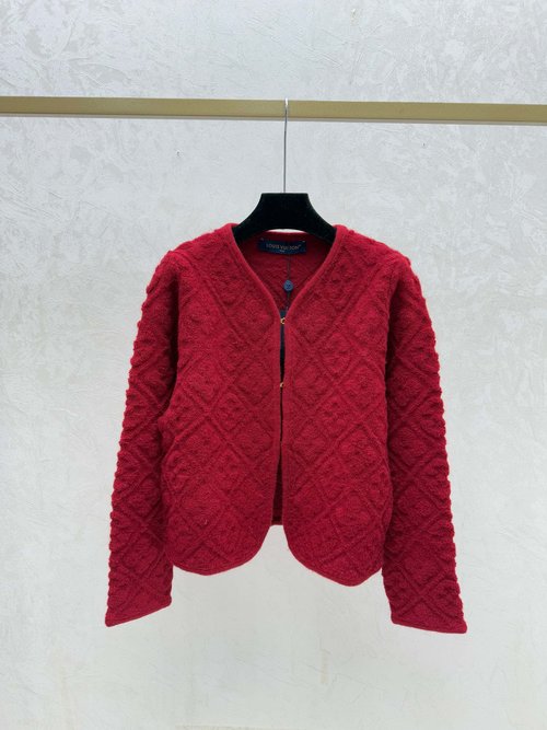 Louis Vuitton White, Red and Black Solid Color Old - fashioned Letter Round Collar Cardigan