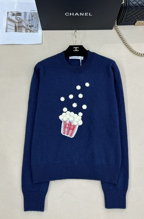 Dior New Knit Long-sleeve Round Neck with 3D Flower Embroidery